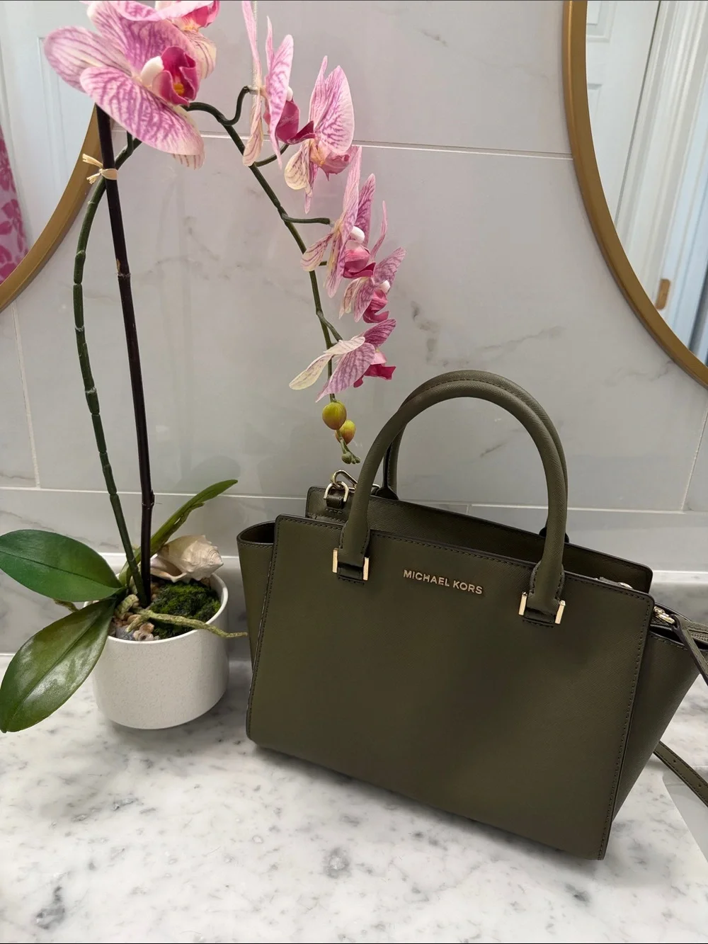 Michael Kors Olive Green Saffiano Leather Satchel with Gold Hardware